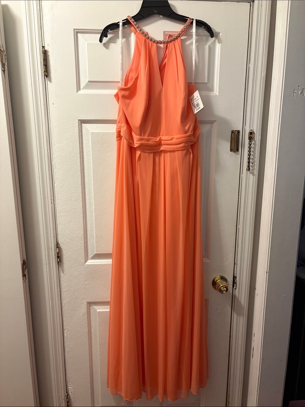 David's Bridal Coral Orange Halter Evening Gown with Beaded Neckline